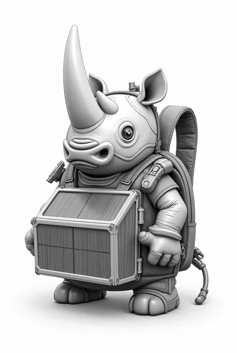 A pencil drawing of a backpack with a rhinoceros horn, a solar panel on the front and power tools 
