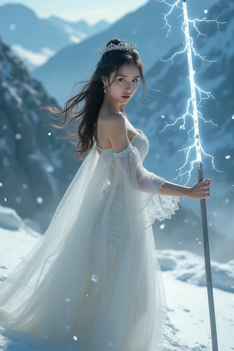 Photo of Asian woman, fair skin, blue eyes, wearing a white deep V-neck evening dress, see-through dress, sexy plump breasts. She holds a silver spear, more than 2 meters long, in her hand, lightning flashes covering the spear she holds, the background is ...