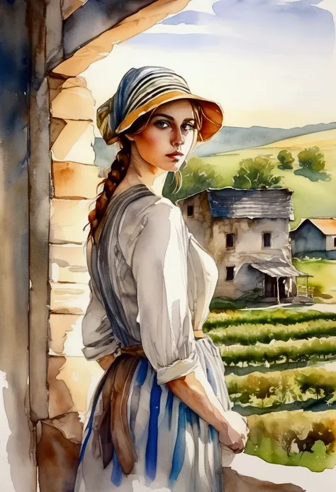 Watercolor with a rough touch of a beautiful girl looking back over her shoulder, bust, striped cloth on her head, big, clear eyes, a poor farmhouse, a cookhouse, gentle sunlight from the window, the best picture quality.