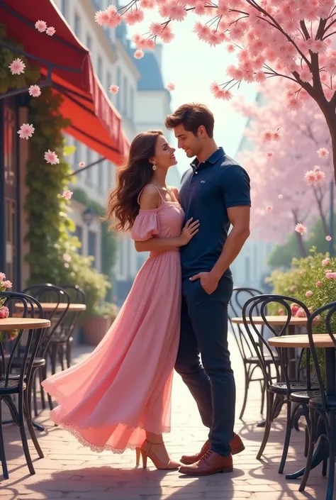 Create an image of a couple where the woman is wearing a pink dress and the man is wearing a blue polo semi formal attire as they have a date in a cafe at paris With flowers floating in the background 