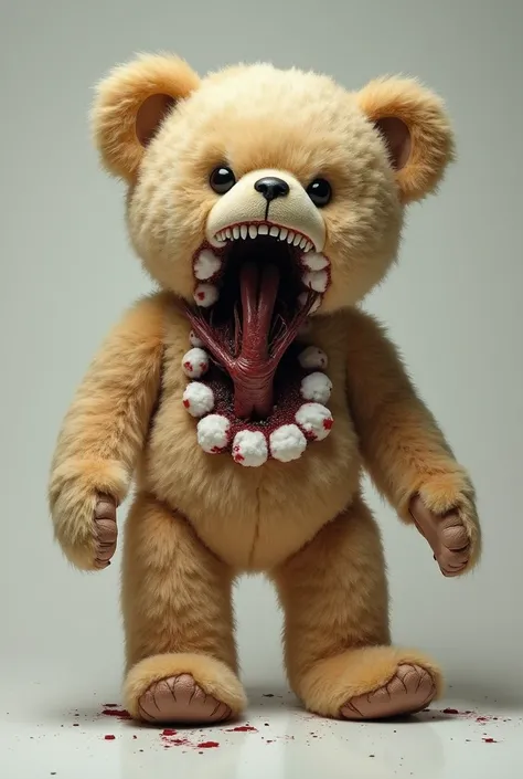 A teddy bear that peels off its cotton padding through its legs 