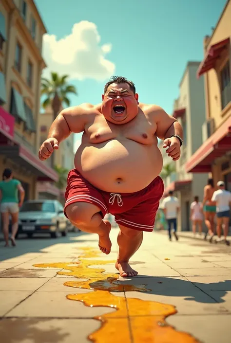 Chubby man in a chort running on his back in a funny way jumping as if the street were hot and leaving a line of yellow poop