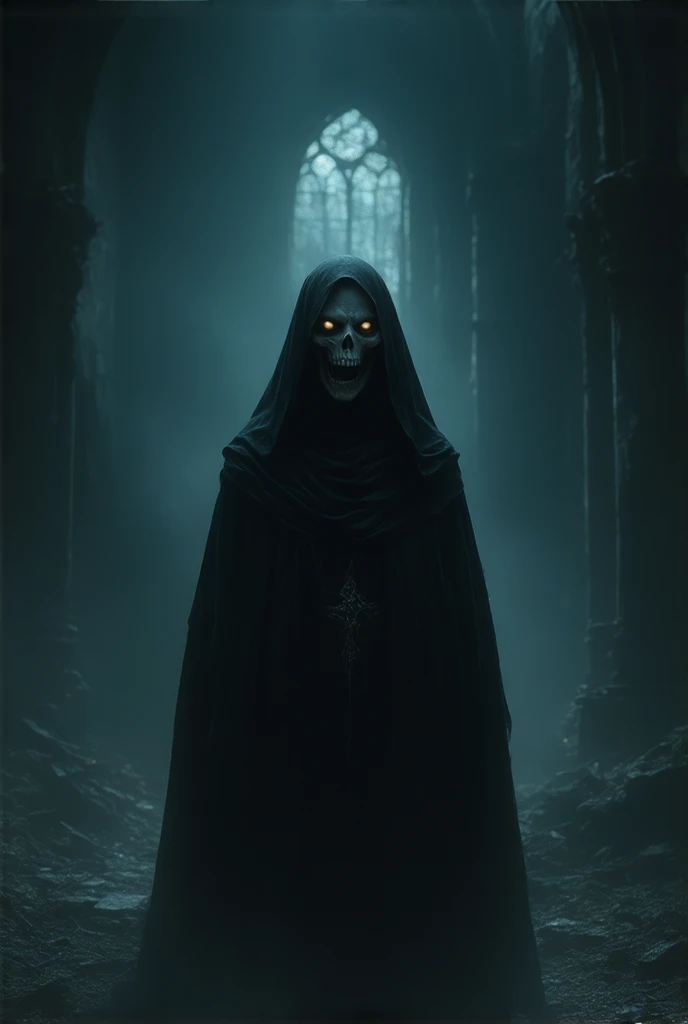 Evil nun, angry eyes, sharp jagged teeth, standing in the darkness of an abandoned Gothic church, horror art, dark surrealism, demonic aesthetic, high detail, masterpiece.