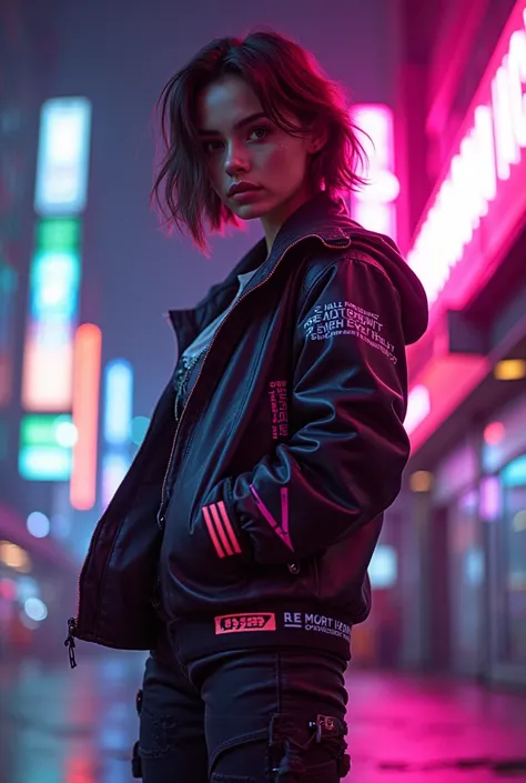 Cyberpunk style full body shot taken from below slightly away from the camera, of a young woman with short, wavy hair.
He had a focused expression on his face, with bulging eyes and a slightly open mouth.
He wears a neon-lit jacket, and ⅞ parachute pants w...