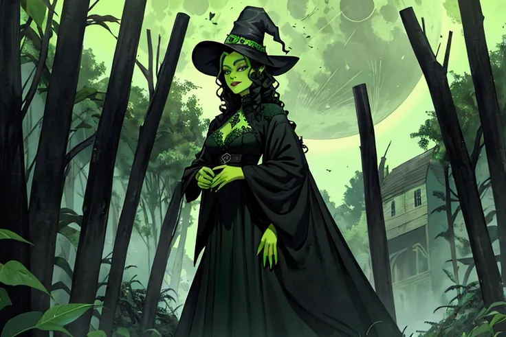 Elphaba, Hole body, bottom up view, clothing, drag queen clothing ideas, green skin, ultra detailed, black witch clothings with emerals, long curly black hair, future goth, emerald city, night, harvest green moon