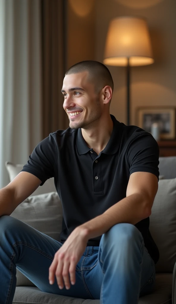 young man, joão, 25 years old, light skin, shaved hair, dark eyes, thin, average height, wearing blue jeans, black polo shirt, black sneakers. João looking around, at home sitting on the couch, in the background with bokeh effect are his parents and sister...