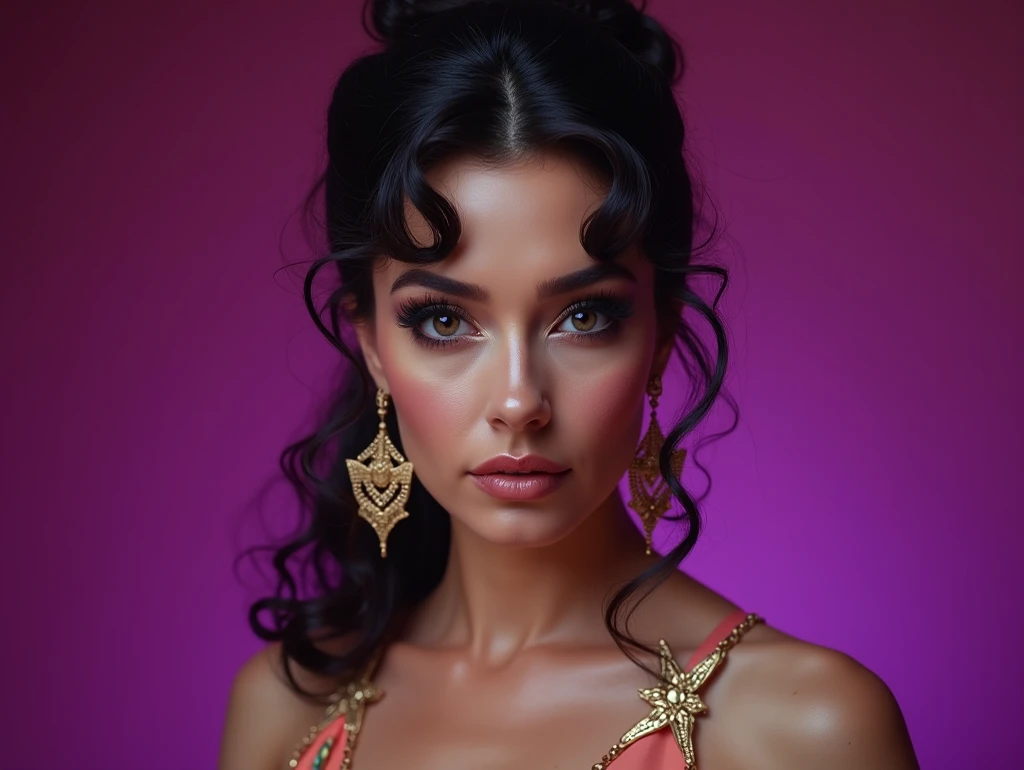 1 incredibly gorgeous very nubile Joan Collins with long curly hair in neat pulled back updo hairstyle, wearing heavy Cleopatra eye makeup, with eyes wide open in mindless stare, 1:1 full frontal body portrait, (eyes wide open, wide open eyes, blank stare,...