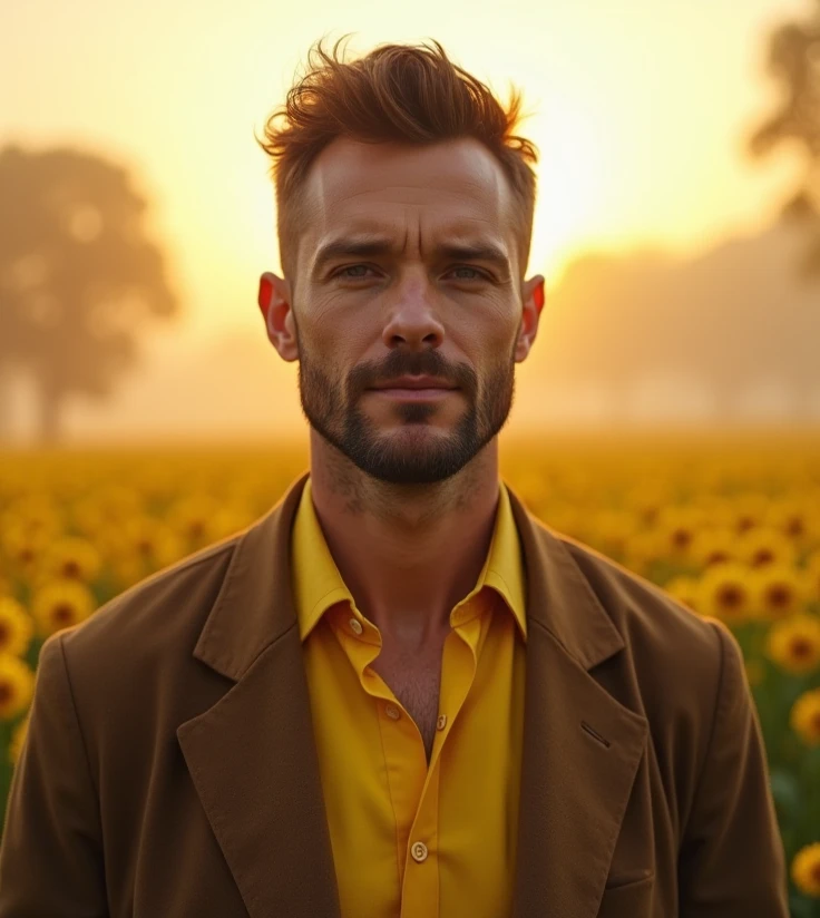 Brutal, handsome man 45 years under cut dark brown short hair, clear face no beard details hd, thin smile, wearing bright  shirt and coat, standing in front of yellow daisy garden foggy day, trees, yellow sky morning sunrise , realistic 