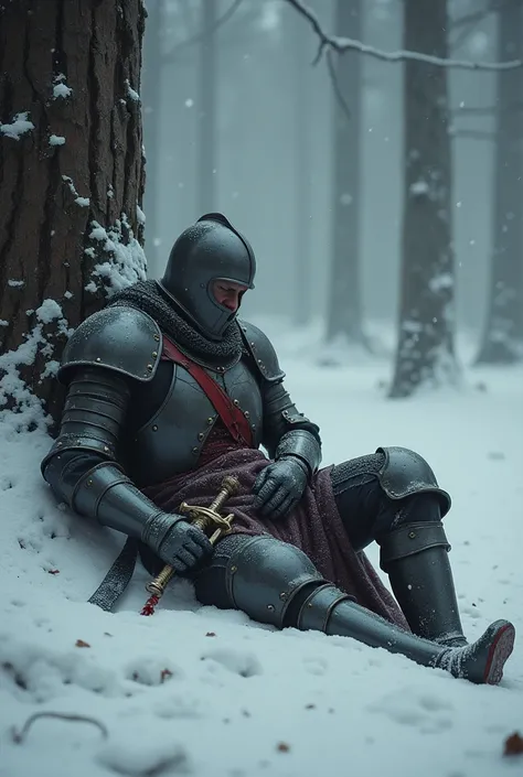 Armoured soldier/knight in the snow, bleeding out in the snowwy and foggy forest 
Hes laying down against a tree, one hand on his bleeding stomach while the other hand is holding the sword 