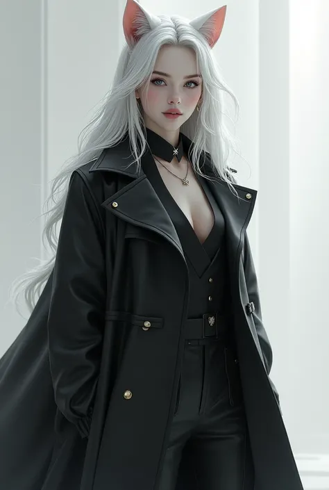  Lyra has a pale and delicate face ,  framed by white hair that falls in soft waves up to the shoulders.  Her eyes are ice blue that seem to cross those who look at her .  She wears a minimalist and modern outfit ,  in monochrome colors ,  like a long blac...