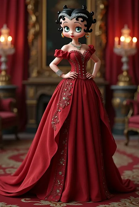 Betty boop,  wearing 18th century French palace dress dress，Dark Date Red ， Skirt with Premium Embroidery on the Middle and Left and Right Side and Bottom，Overlapping layers on both left and right ， French royal 18th century aristocratic style ， Wearing Di...