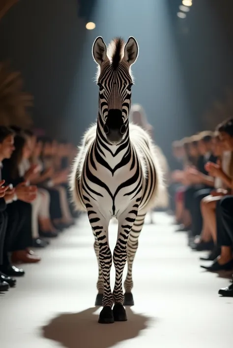 
"An ultra-realistic depiction of a zebra, anthropomorphic and graceful, walking elegantly along a fashion track towards the camera. The zebra is dressed in an elegant outfit evoking a sense of timeless sophistication. Her luxurious and fluffy skin is perf...