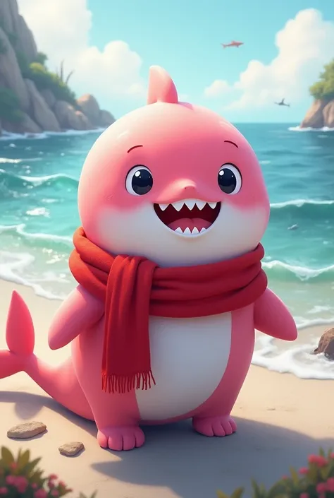 Cute and cuddly daddy Pink colored shark, wearing a red scarf around his neck, very nice ocean or sea background. A very high quality masterpiece