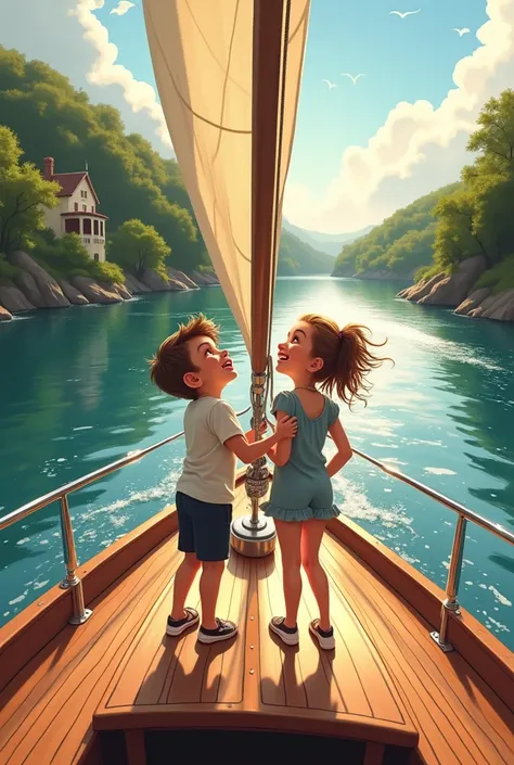 boy and girl on a yacht are sailing along the river