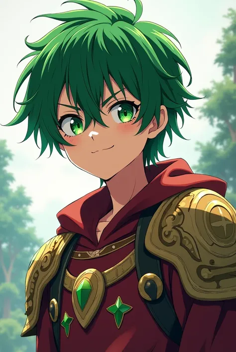 Create an anime-style image of a 17-year-old green-haired, green-eyed boy wearing a burgundy shirt and armor