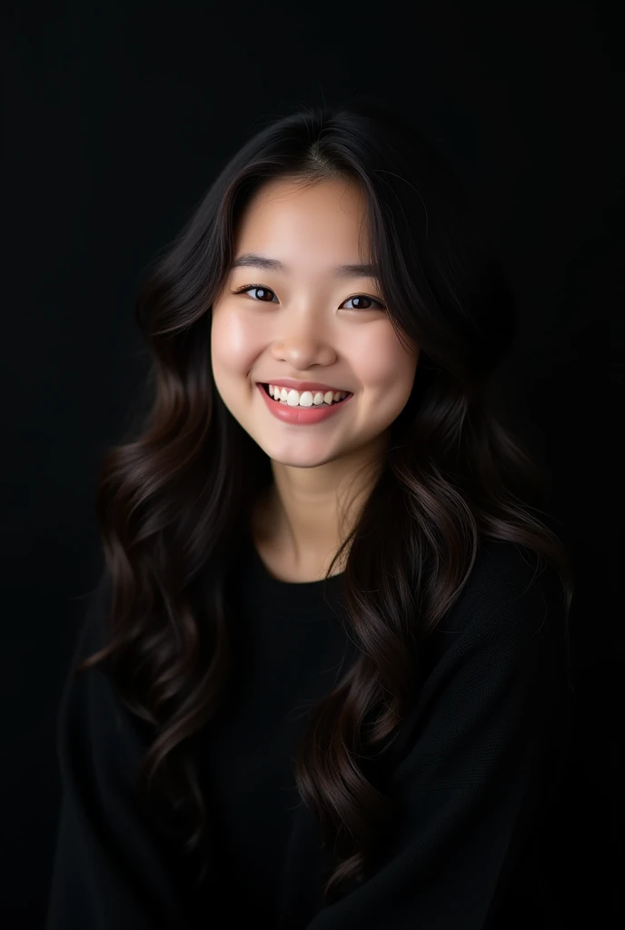  1 vietnameses girl ,   portrait , black sweater ,  long curly hair Korean style, studio shot , black background ,  fresh smile,  chubby face 