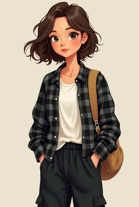 Girl, short hair, deep brown hair color, ALMOND EYES SHAPE, flat face, brown eyes, medium tan skin tone color, college, casual college outfit, black and white plaid, black cargo pants, backpack, plain background 