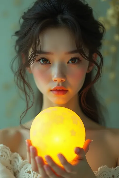 An image of a pretty girl with hair that looks like a merlina with a yellow ball in her hand 
