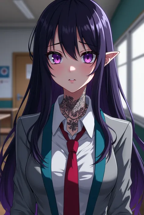   Screenshot from My Hero Academia
Girl with long straight hair,  in black and the tips in purple  , with bangs,   purple eyes, He has a calm expression ,   he has a piercing in his ear and nose  ,   big lips,  small ears ,  has tattoos on his neck  ,   lo...