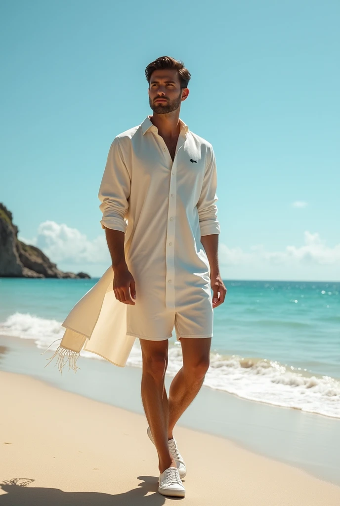 Model man on the beach in a LACOSTA dress