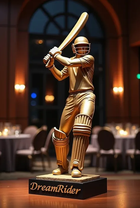 Create a cricket award statue and the statue is in the shape of a cricket bat abd at the bottom of the statue it is written as Dream Rider. The statue is in an award night background 