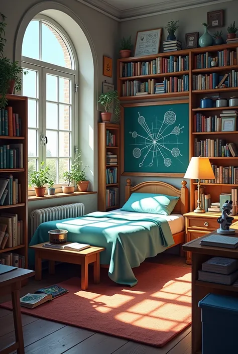 room with a bed .  With chemistry books plus a blackboard where there are mental maps on the nomenclature of chemical compounds.  Also a microscope and a place where there is a computer 