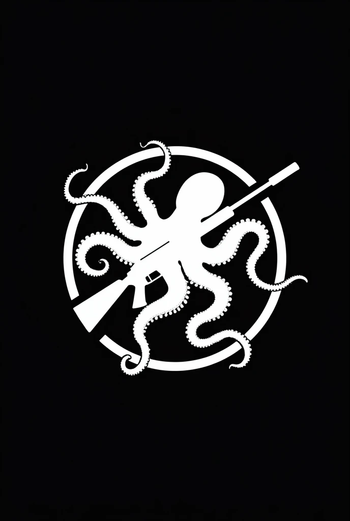  Logo of an octopus with a G36 rifle to make a coat of arms in a military suit. Black background white silhouette , circular shape. 