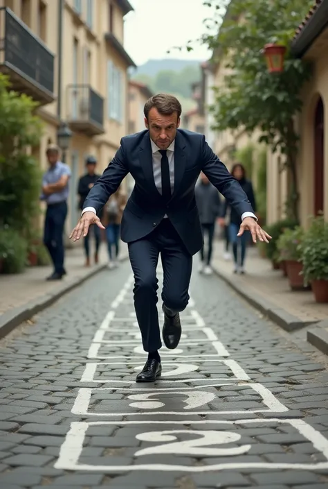 Emmanuel Macron plays hopscotch.