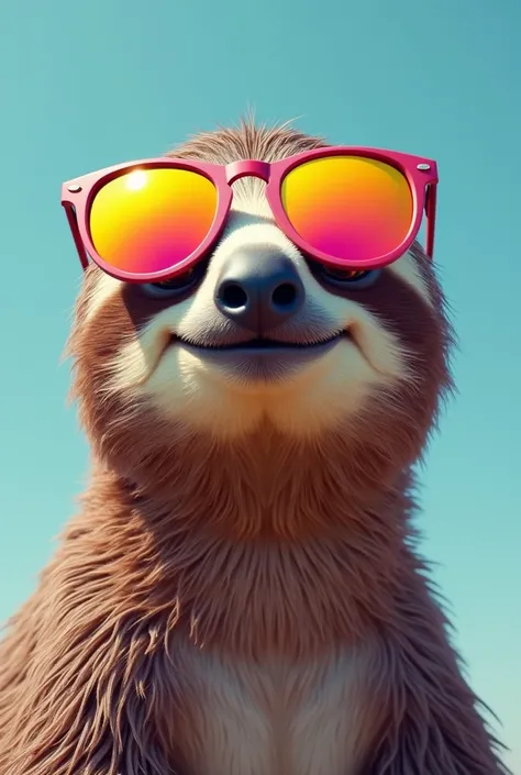 "A sloth with a funny and exaggerated appearance, wearing oversized colored mirrored glasses. He has a silly smile and a who doesnt care expression. The background is simple and clear, highlighting the animal. The style of the image is fun and slightly car...