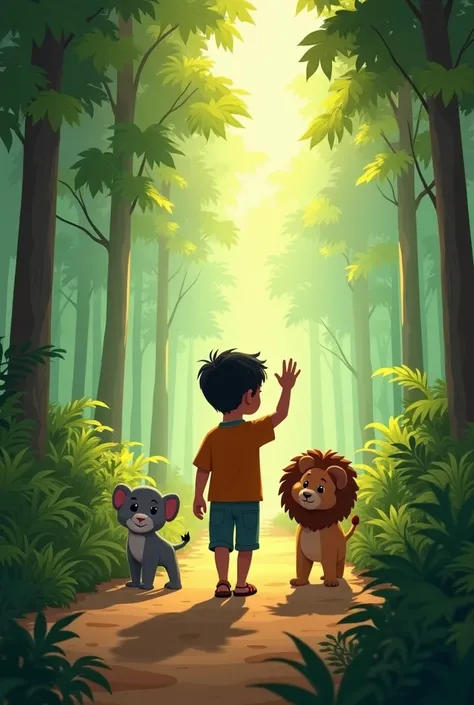 7. Closing Scene:
•	Visual: The boy waves goodbye to his animal friends as he walks back home, the jungle fading behind him.
•	Narration: "علی خوش ہو کر اپنے گھر واپس آیا، لیکن جنگل کے دوست ہمیشہ اس کے دل میں رہیں گے۔" (Ali returned home happily, but the j...