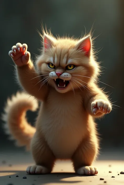  Cinematic realistic picture an angry cat is standing, raised his fluffy tail , raised his paw with claws ,  hisses 