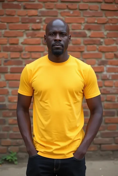 A 39 years old black African man, he has black skin and black hair, bald head, he wears a yellow t-shirt and a black jeans pants, he is standing im front of a wall made of bricks, African city, realistic shot 