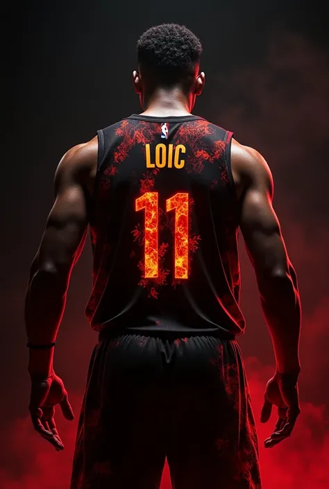 A black and red BASKETBALL jersey With a fire pattern of number eleven with the name of LOIC turning his back.