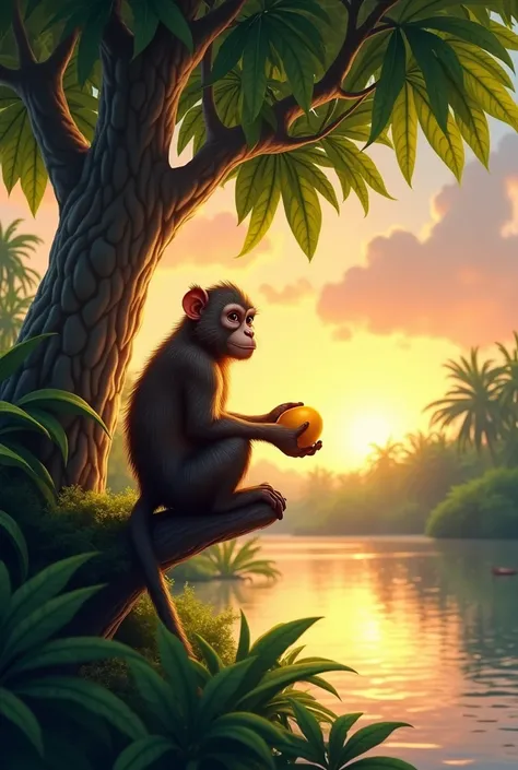 "A lush tropical riverbank at sunset. A tall mango tree with thick green leaves stands by a calm river. A clever monkey with brown fur sits on a low branch, holding a ripe, golden mango in his hand. The scene is peaceful, with the soft glow of the sunset c...