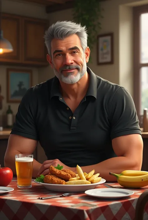 Adult man in a black polo shirt likes beer, Apple and chicken with potatoes and banana 