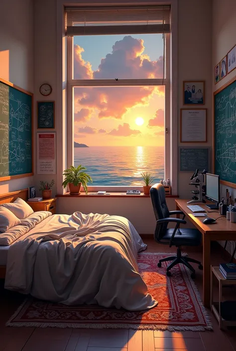 room with a bed .  With chemistry books plus a blackboard where mind maps are On the nomenclature of chemical compounds.   Also a microscope and a place where a computer is programming in an angular front .   With a view of the sea with a sunset . Watching...