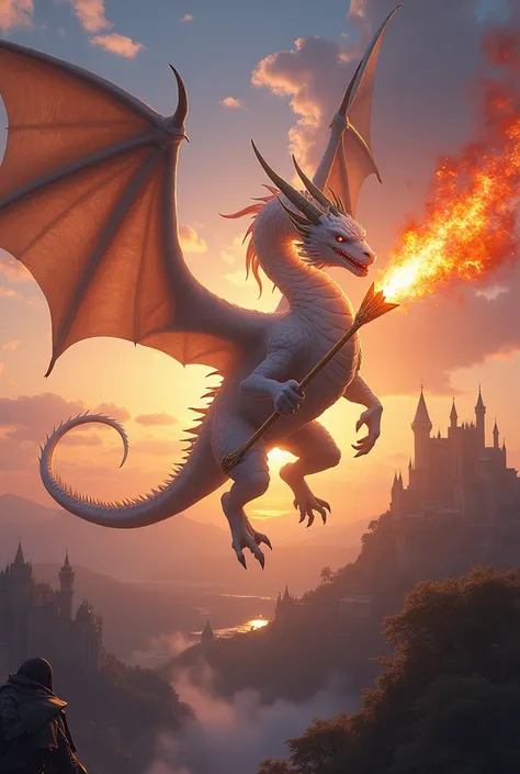  A white dragon being struck by a fiery arrow, in a sunset landscape ,  surrounded by castles and villagers  