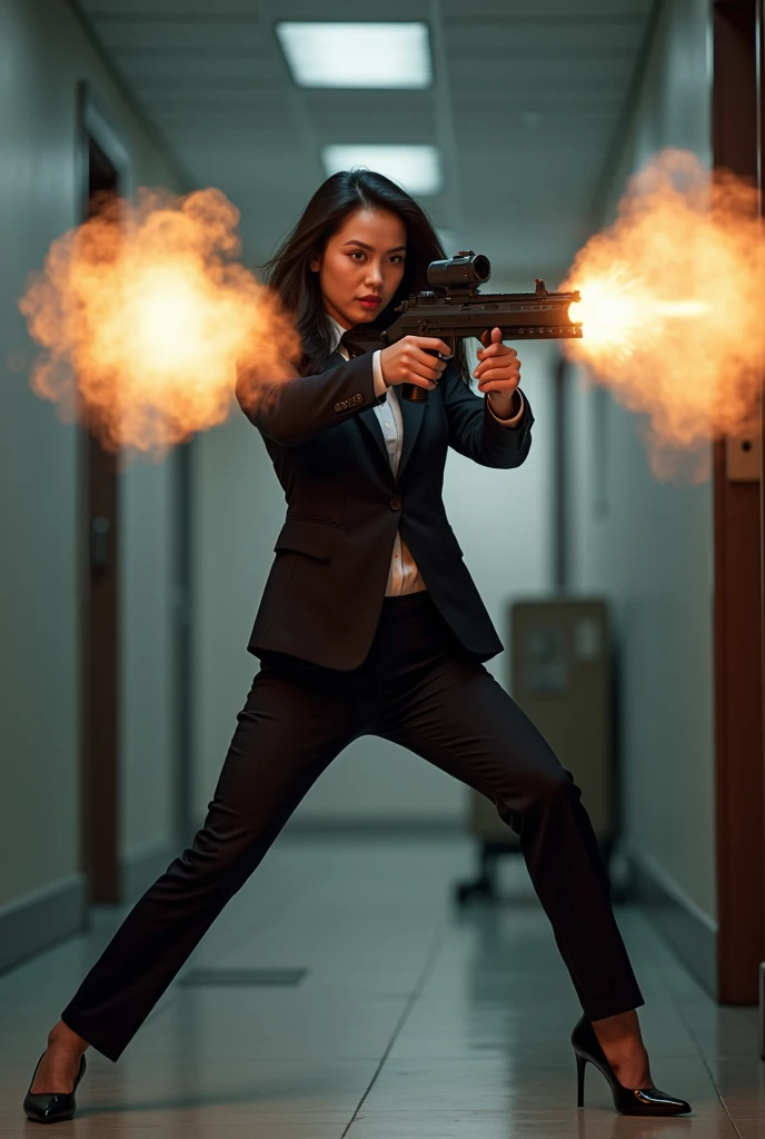 beautiful indonesian office lady lingerie realistic machine gun toting hip firing real person legs apart standing rampage shooting


