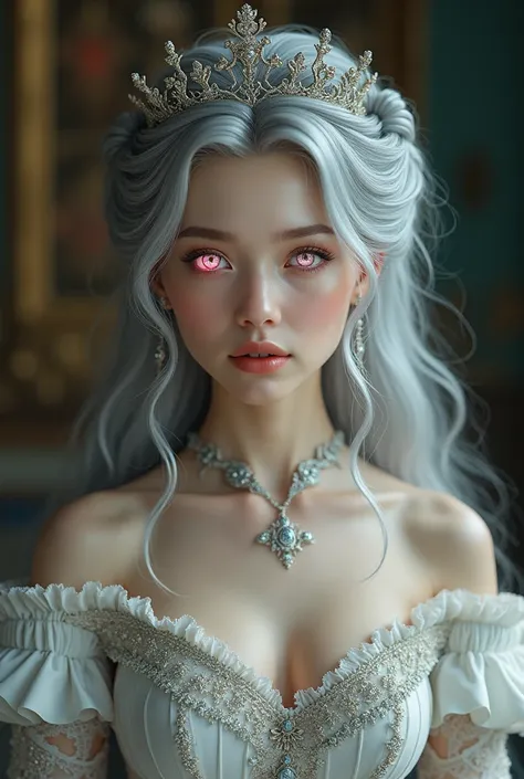 A silver-haired woman with pink eyes and a beautiful face wearing a Victorian dress and a small crown on her hair.