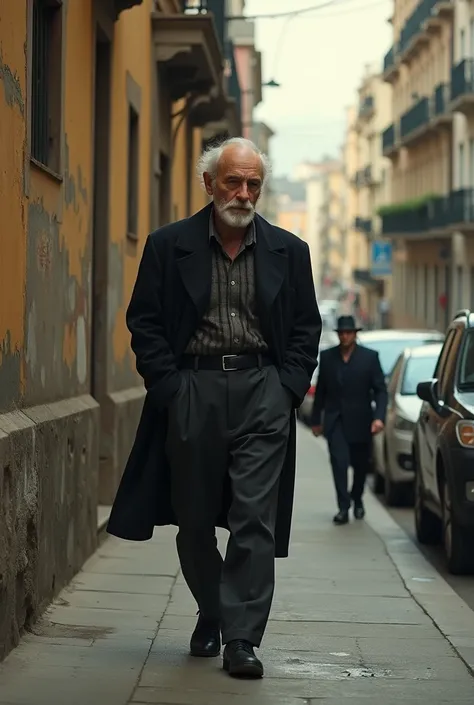  Borges walking down a street with a restless look. A detective follows him into the distance .  in the background ,  you can see the walls of the city .