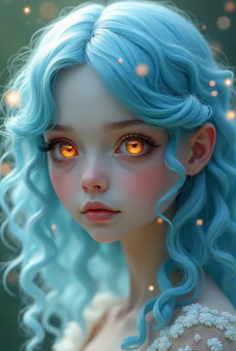 Girl with light blue and curly hair with orange eyes