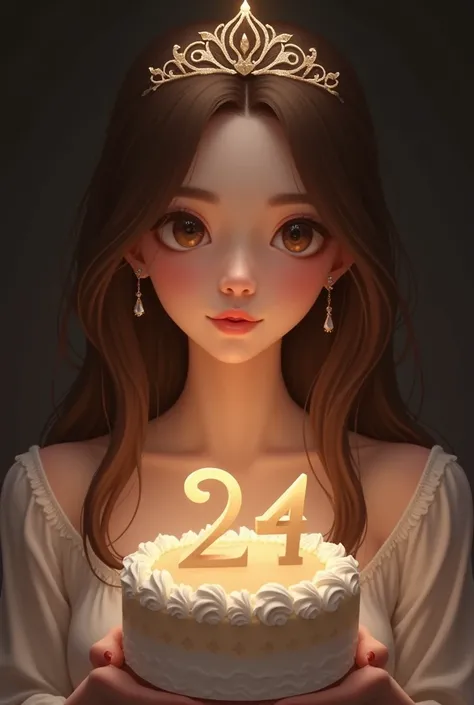  Create an image of a 24-year-old girl with straight hair, hair running over the shoulders like a long bob.   big brown eyes , king , with a crown on the head, Like a little princess of Jesus and holding a cake with the number 24
Predominant colors in the ...