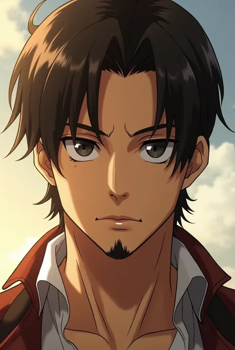 personagem do anime attack on titan homem,  wavy brown hair short half tuft, yellow-to-white skin ,  black eyes , beautiful,  goatee 