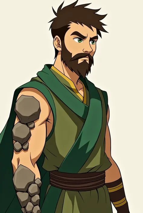 Avatar the last airbender earth bender original character, realy short brown hair, short brown beard, green eyes, quite strongbut not to much , right forearm and hand made of stone, green clothes, earth bender, detailed