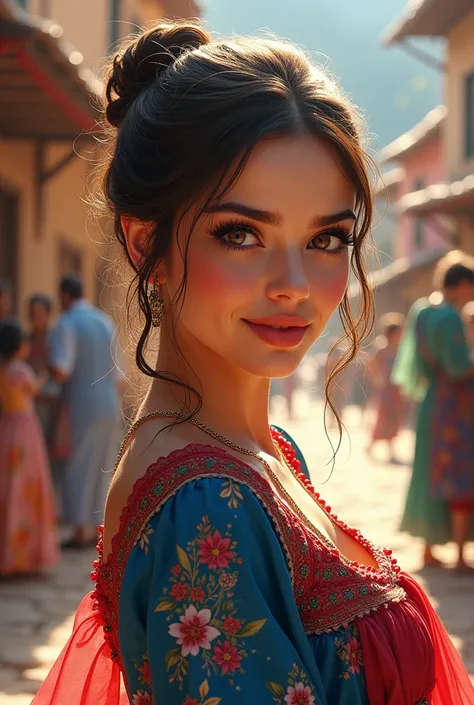 beautiful detailed eyes, beautiful detailed lips, extremely detailed eyes and face, long eyelashes, 1girl, traditional turkish anatolian village clothes, dancing, clapping, colorful, vibrant, watercolor, soft lighting, atmospheric, dreamy, warm colors, det...