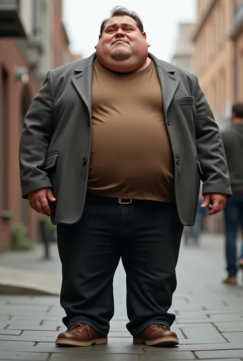  create an image of an obese man wearing black jean pants, brown t-shirt , brown sneakers , gray blazer