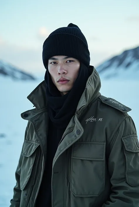 Photo of Korean style male model using black kacatama wearing army jacket inscribed AFTER N carrying roko polar background