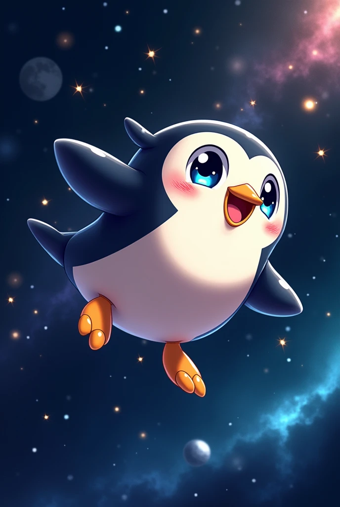 Draw a smiling penguin traveling in space with anime traits