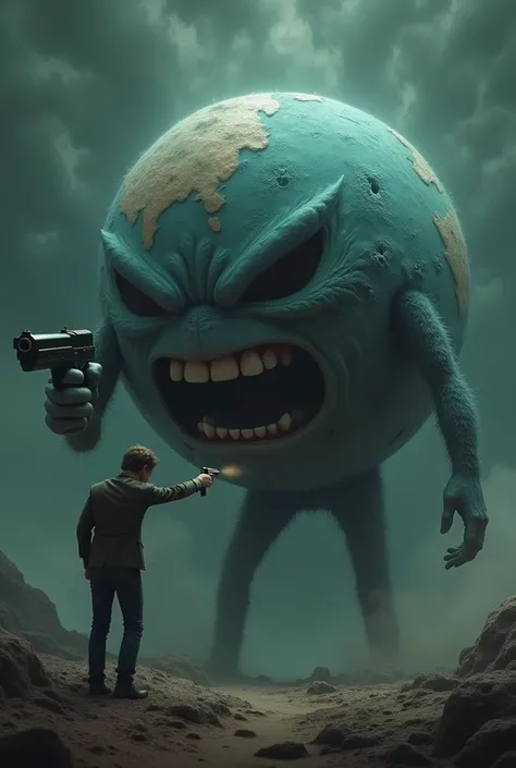 Create an animation where the Earth is pointing a gun at a person 
