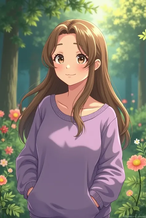 Studio ghibli style art slightly chubby woman with white skin and long light brown hair wearing a purple sweater smiling in garden 